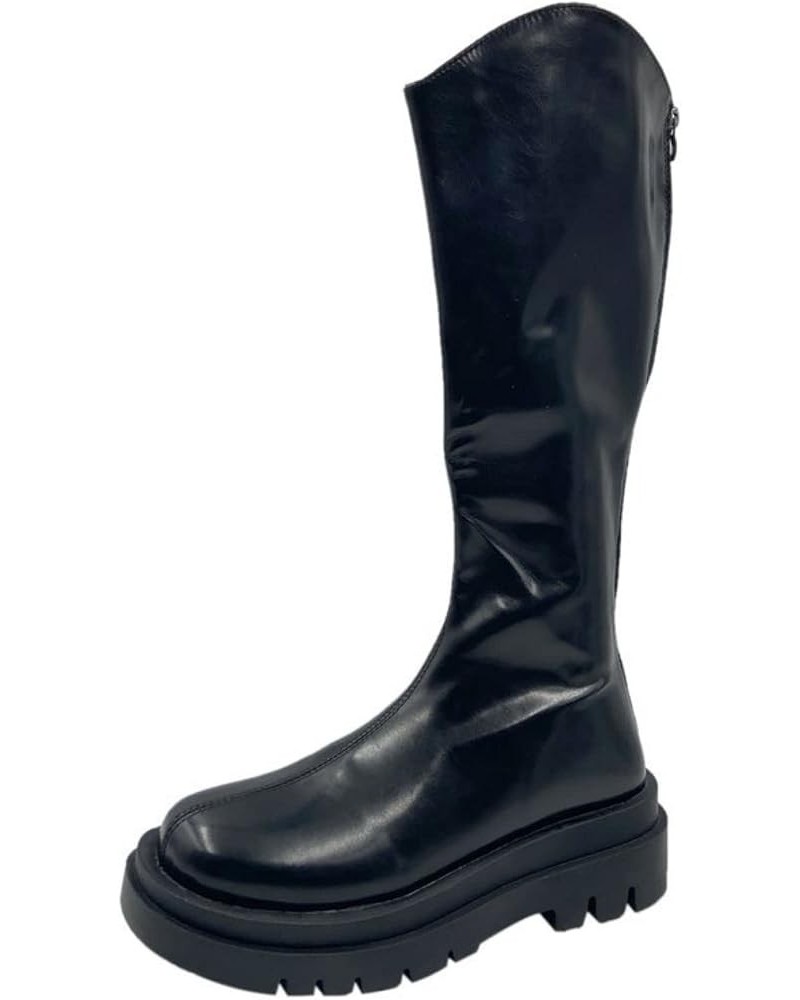 Women's Knee-High Back Zip Motorcycle Boot Ladies Fashion Riding Boot Chunky Low Heel Round Toe Long Boot Black $30.79 Boots