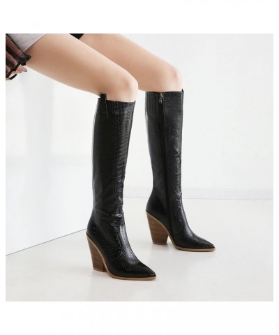 Women's Wedge Cowgirl Cowboy Western Boots Mid Calf Pointed Toe Stacked Chunky Heels Short Ankle Boot Shoes Black $30.39 Boots