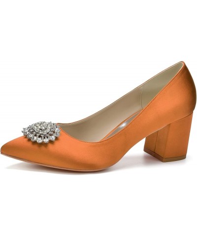 Women's Satin Wedding Shoes Pointed Closed Toe Chunky Heel Bridal Shoes Crystal Slip on Pumps Orange $38.68 Pumps