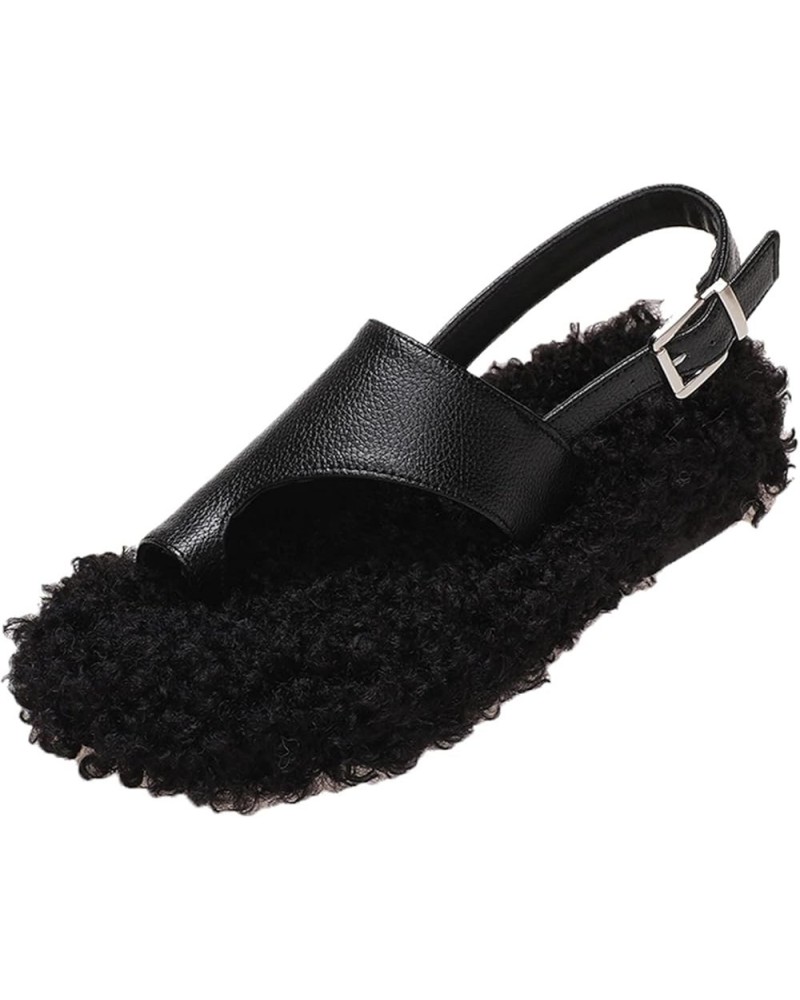 Ladies Winter Sandals Plus Cotton Sandals Buckle Lambs Hair Toe Sandals Women Shoes Indoor Slippers Women Black $15.76 Fashio...