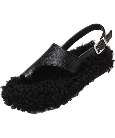 Ladies Winter Sandals Plus Cotton Sandals Buckle Lambs Hair Toe Sandals Women Shoes Indoor Slippers Women Black $15.76 Fashio...