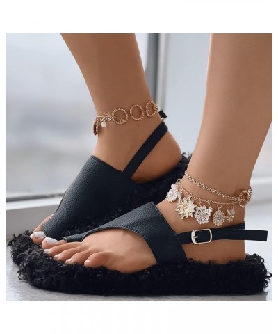 Ladies Winter Sandals Plus Cotton Sandals Buckle Lambs Hair Toe Sandals Women Shoes Indoor Slippers Women Black $15.76 Fashio...