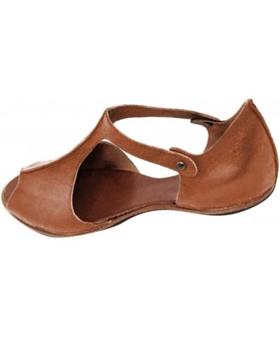 T Strap Dress Sandals, Womens 2022 Fashion Flats Peep Toe Beach Shoes Open Toe Ankle Bottom Roman Sandals Brown $11.02 Sandals