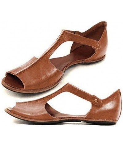 T Strap Dress Sandals, Womens 2022 Fashion Flats Peep Toe Beach Shoes Open Toe Ankle Bottom Roman Sandals Brown $11.02 Sandals