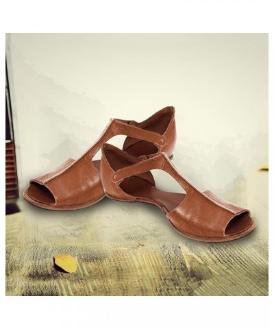 T Strap Dress Sandals, Womens 2022 Fashion Flats Peep Toe Beach Shoes Open Toe Ankle Bottom Roman Sandals Brown $11.02 Sandals