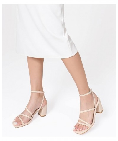 Strappy Heels for women Block Heels Square Toe Chunky Ankle Buckle Pump Heeled Sandals Nude $13.24 Sandals