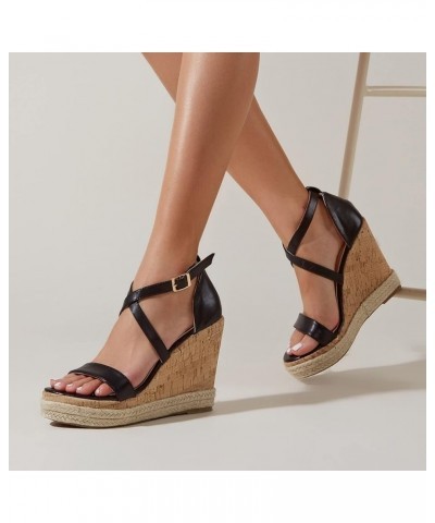 Women Lace up Espadrille Platform Shoes Ladies Breathable Open Toe Ankle Wrap Wedges Summer Buckle Strap Heeled 8.5 Black $26...