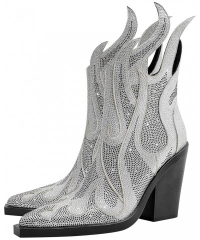 Women's Rhinestone Flame Pointed Toe Block Chunky Heeled Boots Fashion Sparkly Cowboy Ankle Booties Silver $30.75 Boots