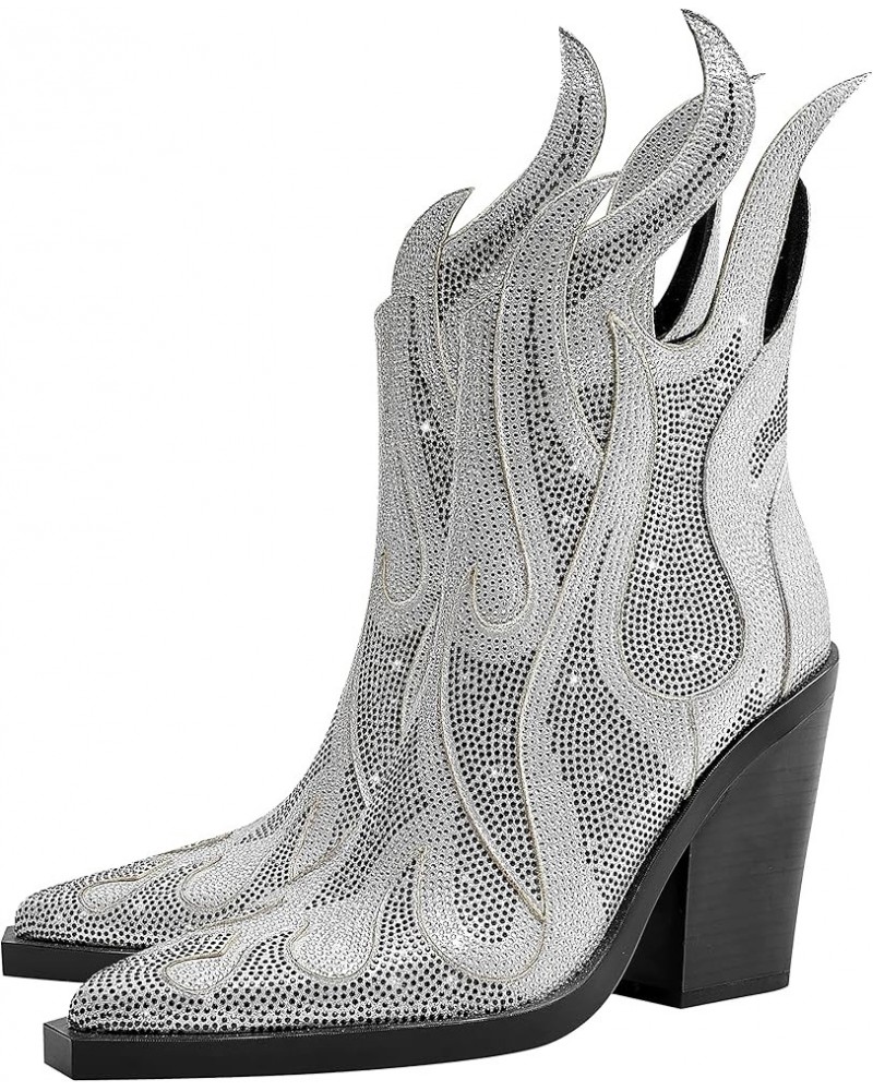 Women's Rhinestone Flame Pointed Toe Block Chunky Heeled Boots Fashion Sparkly Cowboy Ankle Booties Silver $30.75 Boots