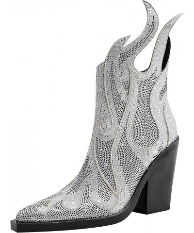 Women's Rhinestone Flame Pointed Toe Block Chunky Heeled Boots Fashion Sparkly Cowboy Ankle Booties Silver $30.75 Boots