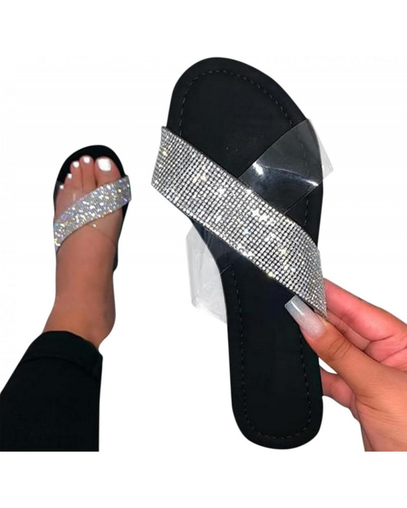 Sandals for Women,Crystal Flat Platform Sandals T-Strap Casual Slip On Slides Fashion Sandals for Women Black $15.00 Sandals