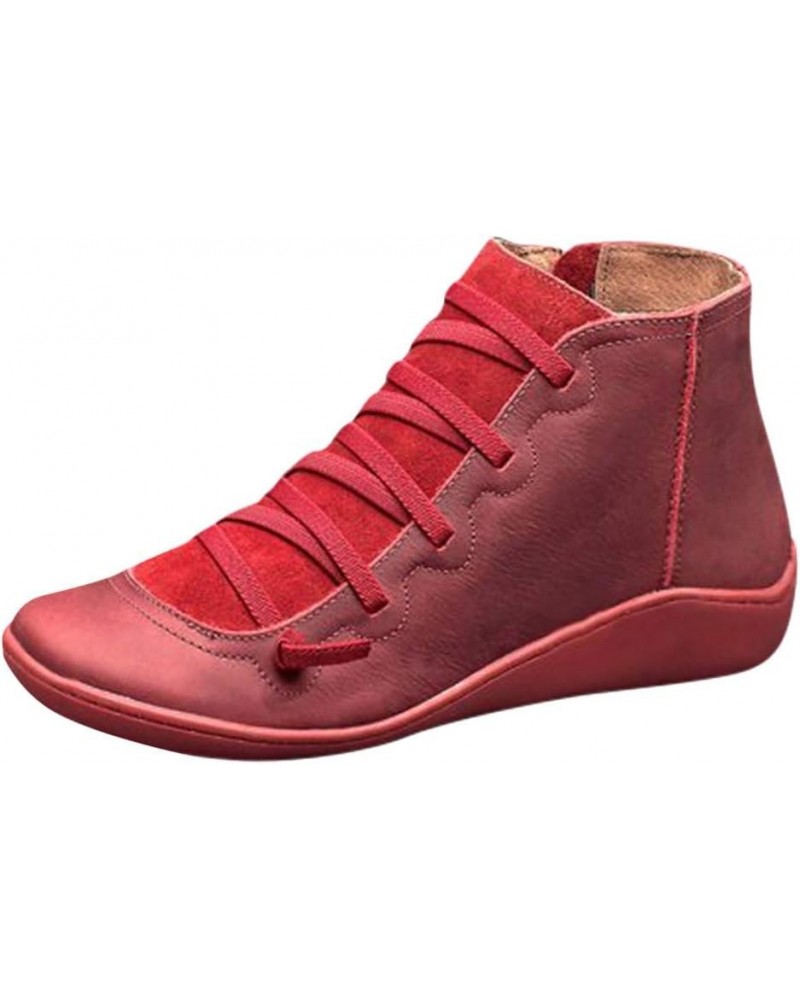 Boots For Women's Casual Short Bootie Lace Up Athletic Shoes Retro Flat Ankle Snow Boots Outdoor Winter Warm Shoe $13.53 Boots