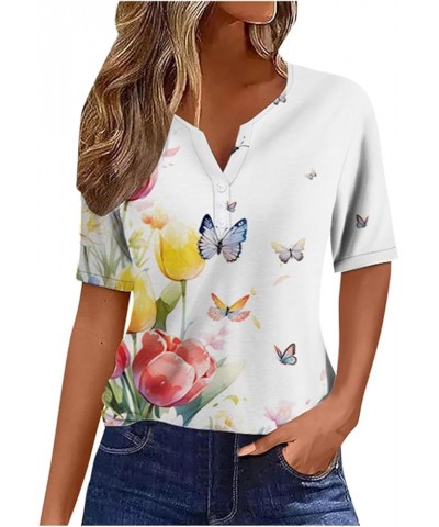 Women V Neck Button Down Short Sleeve Butterfly Floral Print Sweatshirt Top Short Sleeve Western Blue $12.03 Sandals