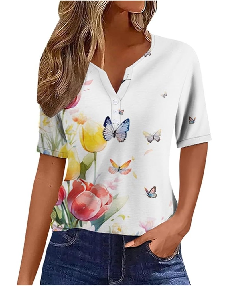 Women V Neck Button Down Short Sleeve Butterfly Floral Print Sweatshirt Top Short Sleeve Western Blue $12.03 Sandals