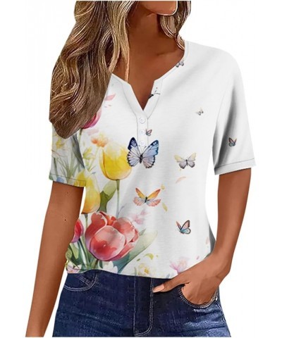 Women V Neck Button Down Short Sleeve Butterfly Floral Print Sweatshirt Top Short Sleeve Western Blue $12.03 Sandals