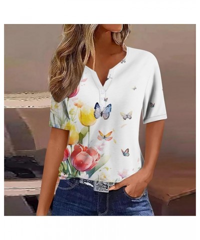 Women V Neck Button Down Short Sleeve Butterfly Floral Print Sweatshirt Top Short Sleeve Western Blue $12.03 Sandals