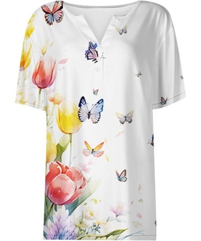 Women V Neck Button Down Short Sleeve Butterfly Floral Print Sweatshirt Top Short Sleeve Western Blue $12.03 Sandals