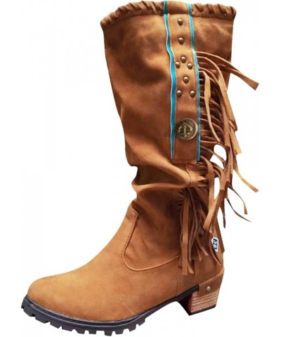 Fringed Booties for Womens Platform Chunky Heel Ankle Boots Western Cowboy Boots Hiking Rinding Boots Brown $22.38 Boots