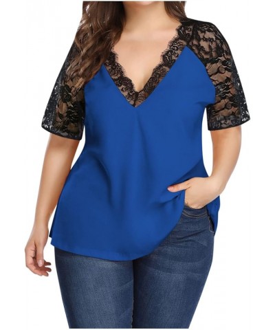 Control Top Top Women plus Size Lace Short Sleeve Tops Plus Size Eyelash Stitching Casual Tee Shirts Dressy Blue- Shirt for W...