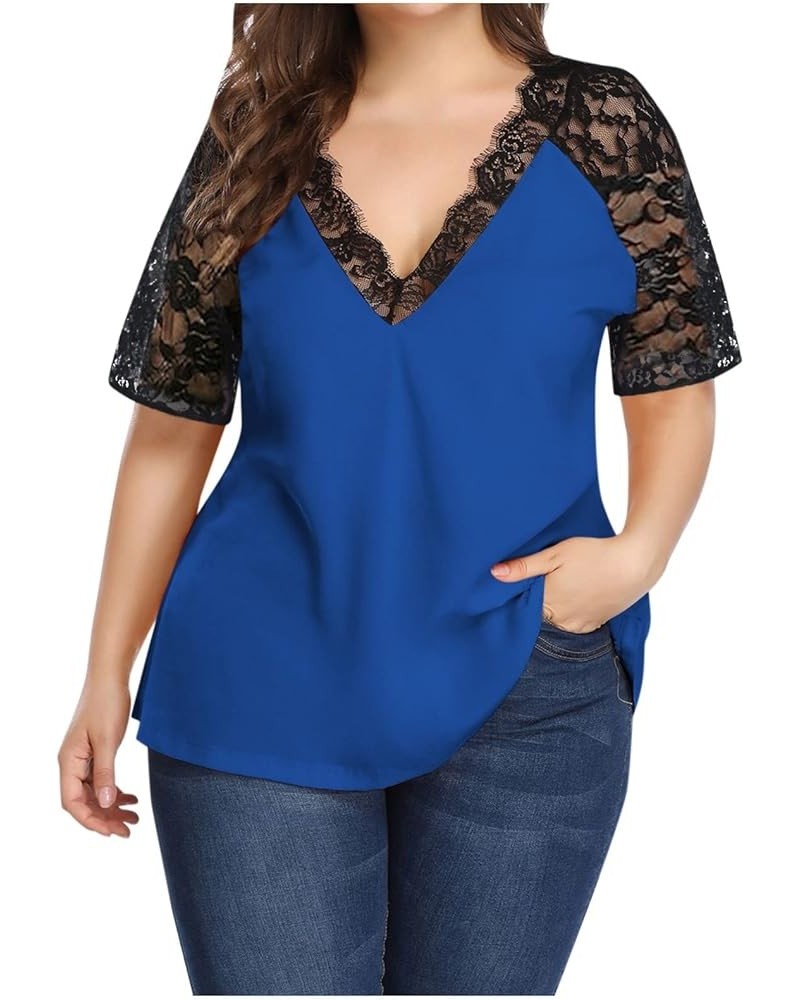 Control Top Top Women plus Size Lace Short Sleeve Tops Plus Size Eyelash Stitching Casual Tee Shirts Dressy Blue- Shirt for W...