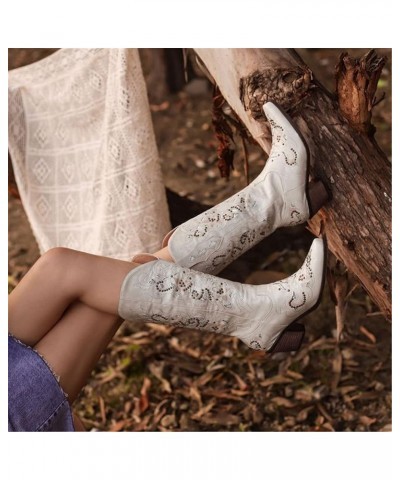 Ladies Embroidery Boots Retro Western Cowboy Long Shaft Boots with Block Heel Fashion Pointed Toe Pull-On Knight Boots Autumn...