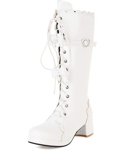 Womens Cute Lolita Knee High Boots Lace Up Chunky High Heel Boots with Bow 67 White $31.19 Boots