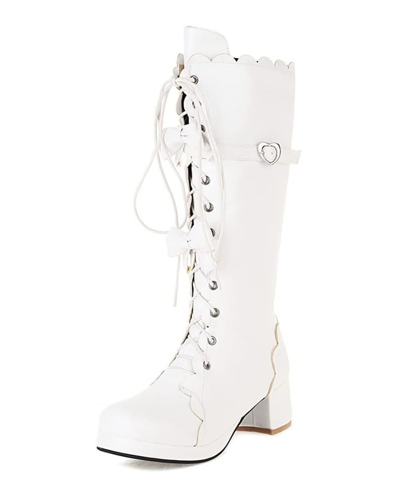 Womens Cute Lolita Knee High Boots Lace Up Chunky High Heel Boots with Bow 67 White $31.19 Boots