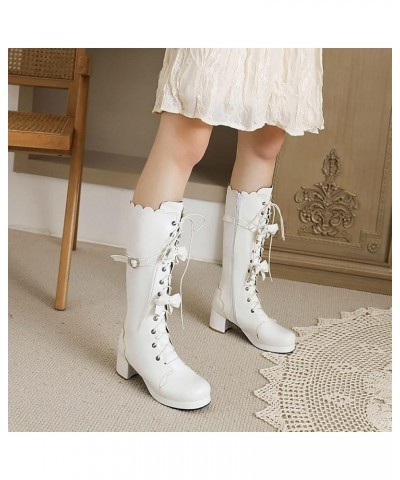 Womens Cute Lolita Knee High Boots Lace Up Chunky High Heel Boots with Bow 67 White $31.19 Boots