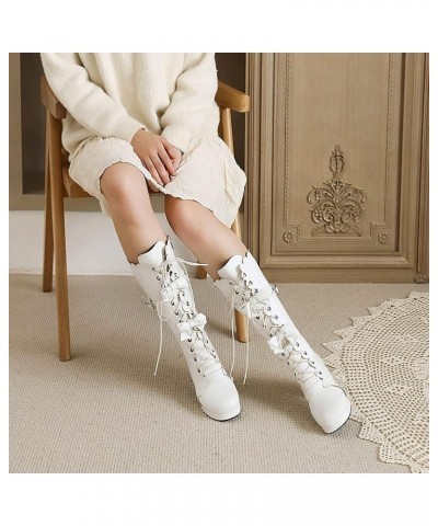 Womens Cute Lolita Knee High Boots Lace Up Chunky High Heel Boots with Bow 67 White $31.19 Boots