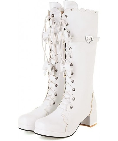 Womens Cute Lolita Knee High Boots Lace Up Chunky High Heel Boots with Bow 67 White $31.19 Boots