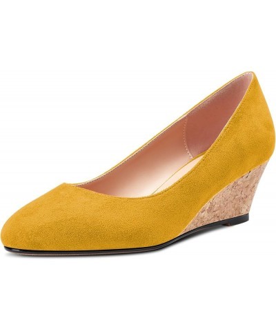 Women Chunky Block Wedge Heel Close Square Toe Slip-on Pumps Classic Cute Dress Party 2.0 Inches Heels Shoes Yellow Suede $30...