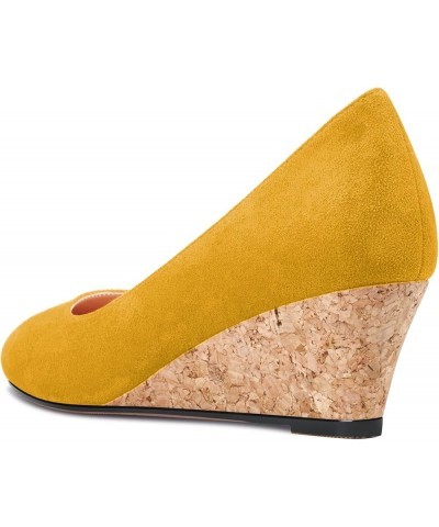 Women Chunky Block Wedge Heel Close Square Toe Slip-on Pumps Classic Cute Dress Party 2.0 Inches Heels Shoes Yellow Suede $30...