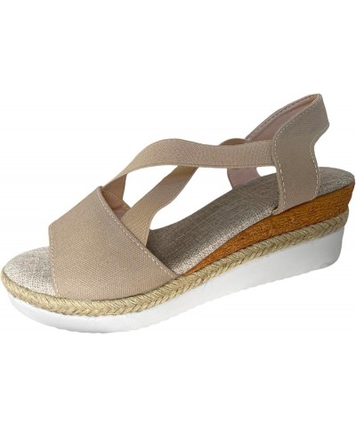 Women's Espadrille Mid Wedge Heel Sandals Open Toe Strap Elastic Slip On Slide Soft Cushion Sandal Casual Dressy Shoes Khaki ...