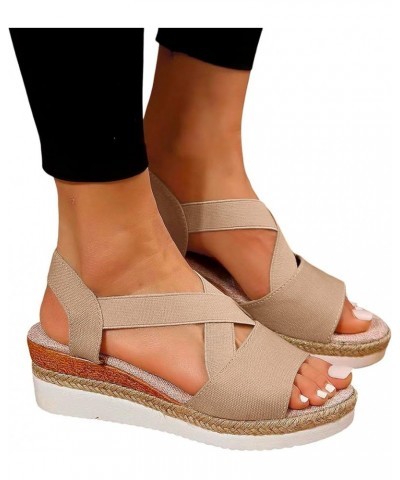 Women's Espadrille Mid Wedge Heel Sandals Open Toe Strap Elastic Slip On Slide Soft Cushion Sandal Casual Dressy Shoes Khaki ...