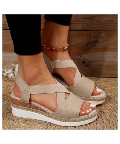 Women's Espadrille Mid Wedge Heel Sandals Open Toe Strap Elastic Slip On Slide Soft Cushion Sandal Casual Dressy Shoes Khaki ...