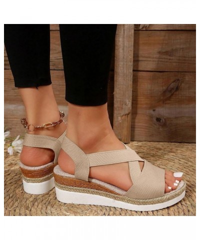 Women's Espadrille Mid Wedge Heel Sandals Open Toe Strap Elastic Slip On Slide Soft Cushion Sandal Casual Dressy Shoes Khaki ...