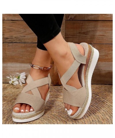 Women's Espadrille Mid Wedge Heel Sandals Open Toe Strap Elastic Slip On Slide Soft Cushion Sandal Casual Dressy Shoes Khaki ...