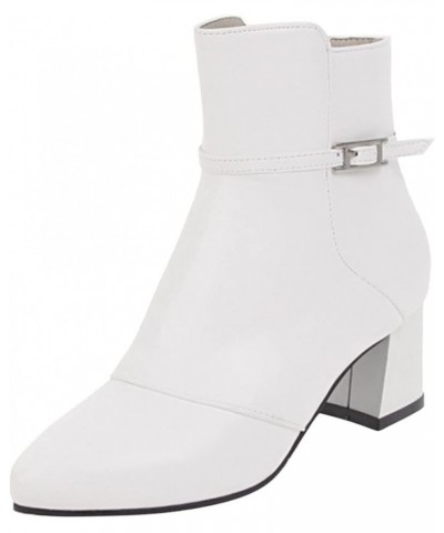 Mens Simple Solid Color Leather Belt Buckle Side Zipper Thick High Heel Short Boots Women Leather Boot White $24.64 Boots