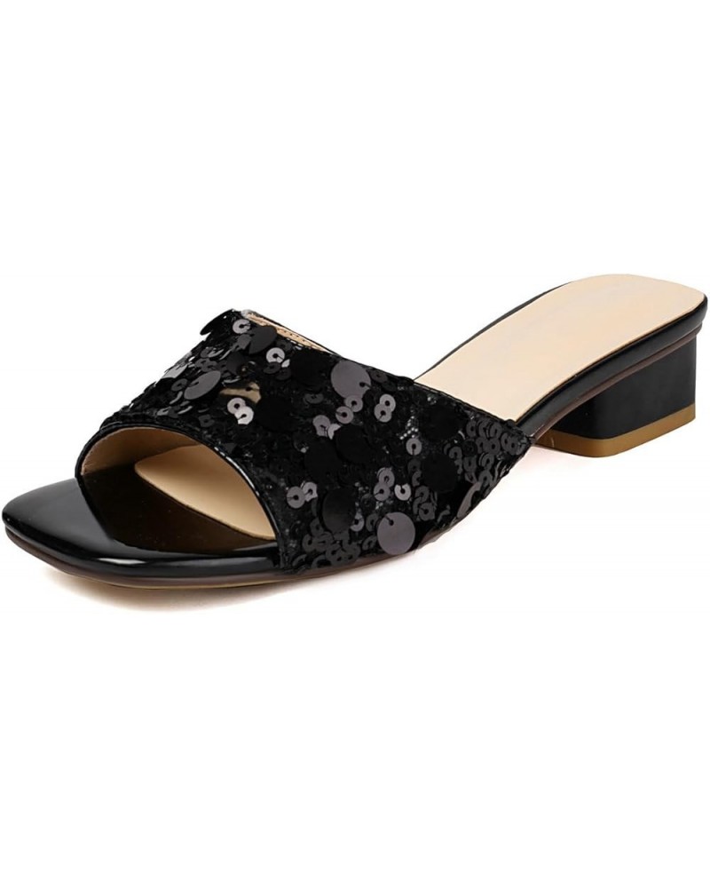 Women's Low Heeled Sandals Sequin Glitter Square Open Toe Chunky Heel Slide Sandals Shinly Slip on Shoes Black $29.05 Sandals