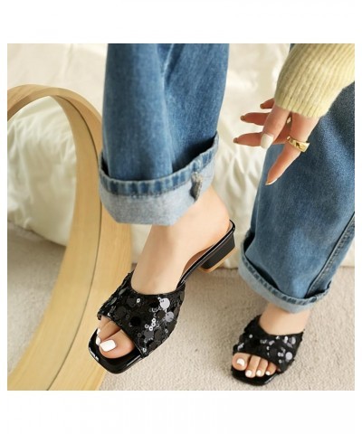 Women's Low Heeled Sandals Sequin Glitter Square Open Toe Chunky Heel Slide Sandals Shinly Slip on Shoes Black $29.05 Sandals