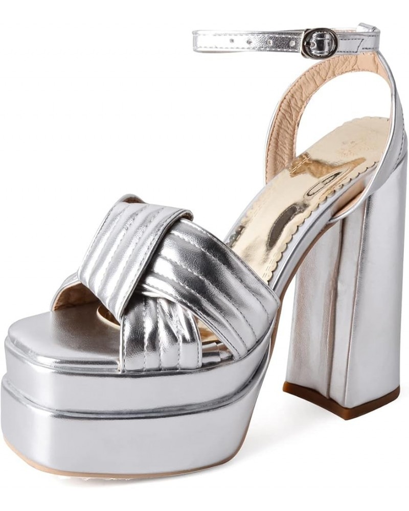 Womens platform chunky High block heels sexy open toe high heel sandals Ankle Strap Heels for Women Silver-02 $22.13 Sandals