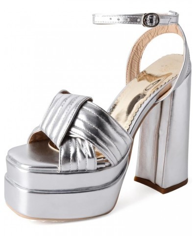 Womens platform chunky High block heels sexy open toe high heel sandals Ankle Strap Heels for Women Silver-02 $22.13 Sandals