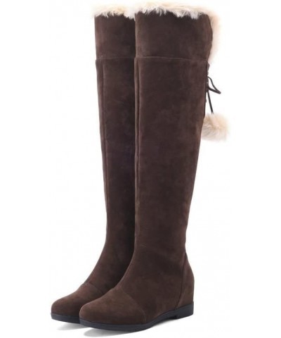 Women'S Suede Cute Pompom Knee High Boots,Lace-Up Non-Slip Warm Western Long Boots,Low Heel Side Zipper Platform Boots Brown ...