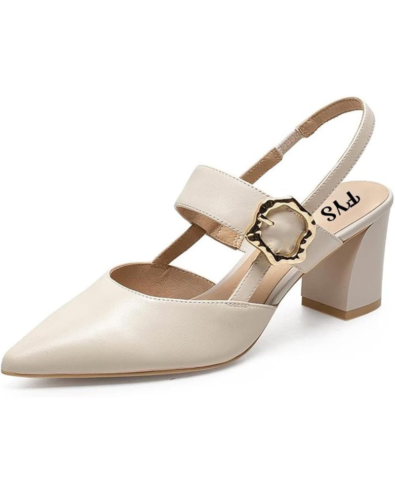 Women Elegant Pointed Toe Slingback Pumps Block Chunky Heel Ankle Strap Mary Jane Shoes Wedding Party Office Shoes Beige $33....