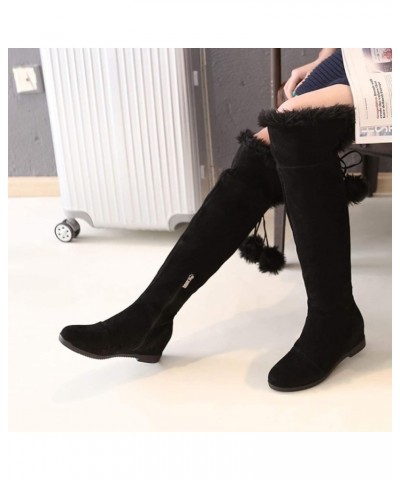 Women'S Suede Cute Pompom Knee High Boots,Lace-Up Non-Slip Warm Western Long Boots,Low Heel Side Zipper Platform Boots Brown ...