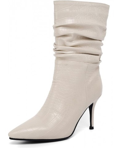 Women Office Stiletto Heels Mid Calf Slouch Boots Dress Beige 2 $36.99 Boots