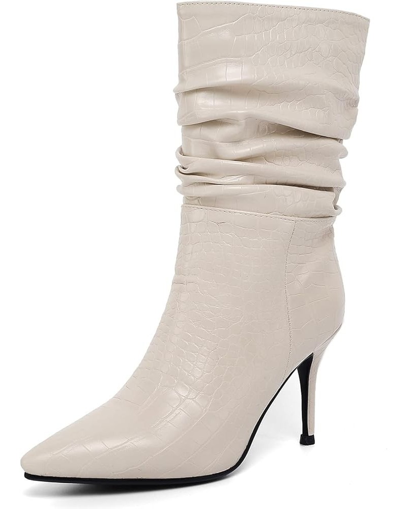 Women Office Stiletto Heels Mid Calf Slouch Boots Dress Beige 2 $36.99 Boots