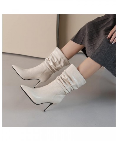 Women Office Stiletto Heels Mid Calf Slouch Boots Dress Beige 2 $36.99 Boots