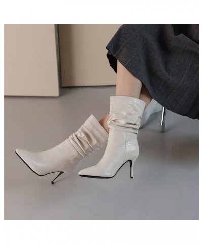 Women Office Stiletto Heels Mid Calf Slouch Boots Dress Beige 2 $36.99 Boots