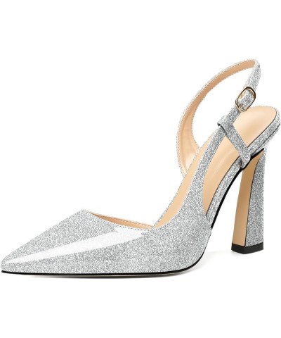 Women Slingback Pumps High Stiletto Heel 4 Inch Heeled Sandals Sexy Closed Pointed Toe Flare Heel Dress Shoes Patent Silver $...